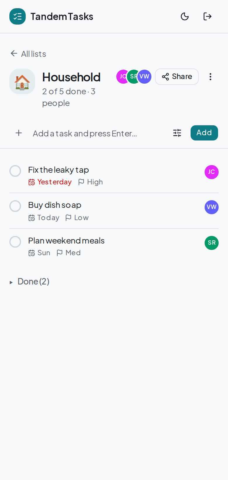 The Household list open in Tandem Tasks, shared by three people. Tasks show a due-date chip (one overdue in red), a priority flag, and the avatar of whoever it's assigned to; the header has the list name, a stack of member avatars, and a Share button.
