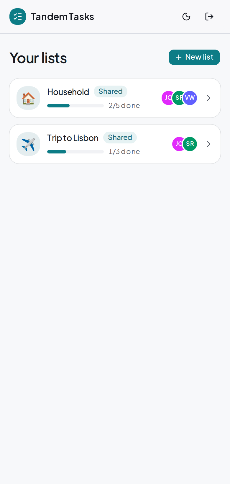 The Your lists home screen: cards for Household and Trip to Lisbon, each with a progress bar, a Shared badge, and a stack of member avatars.