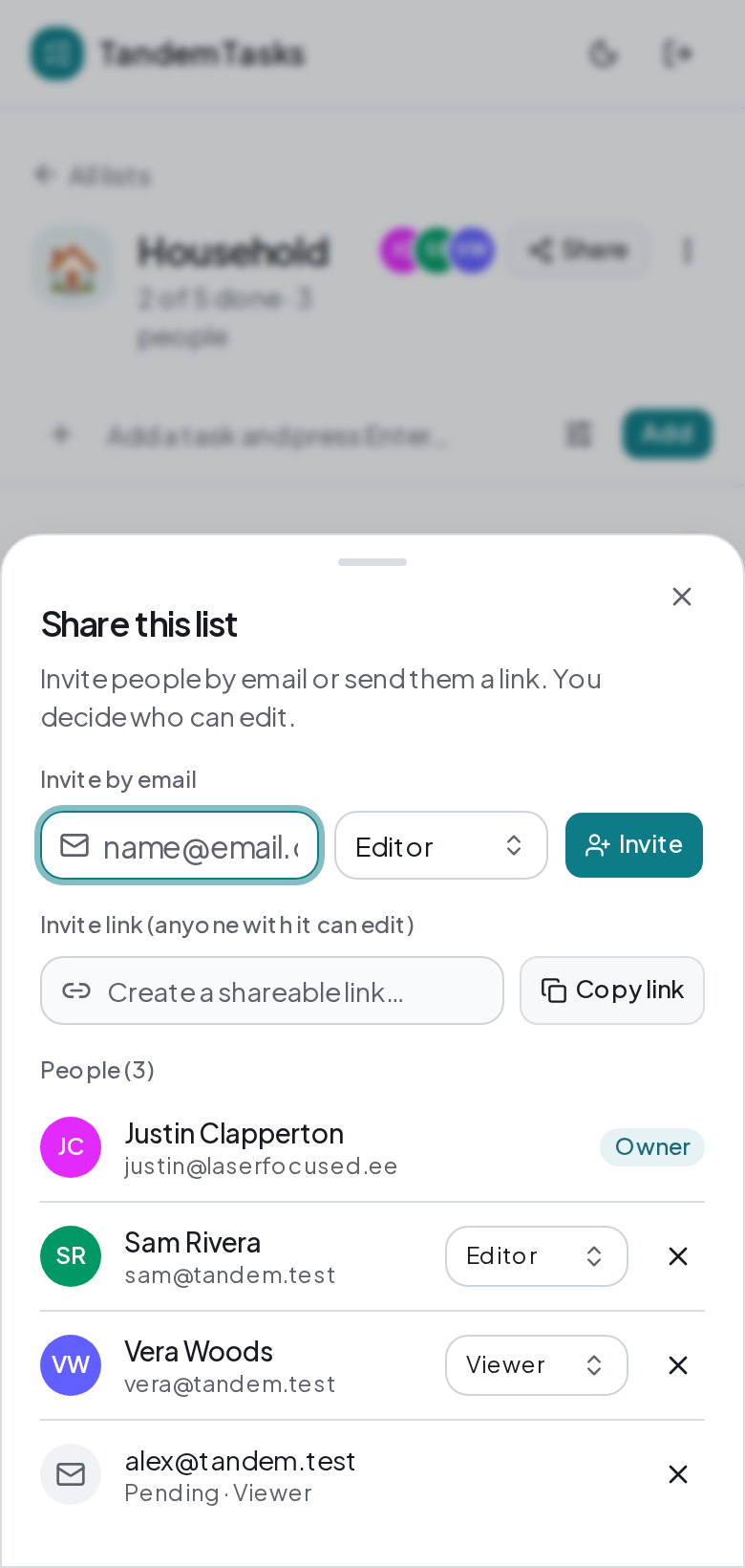 The Share sheet for a list in Tandem Tasks: invite someone by email with an Editor or Viewer role, copy an invite link, and a People list showing the owner, two members with their roles, and one pending email invite.