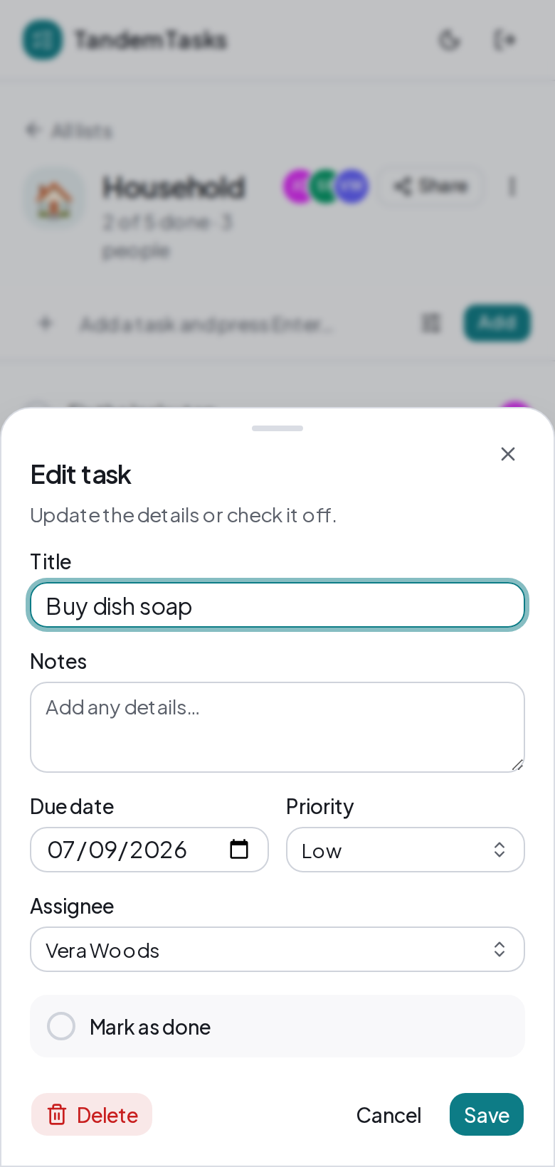 The Edit task sheet for 'Buy dish soap', with fields for title, notes, due date, priority, and an assignee set to Vera Woods.